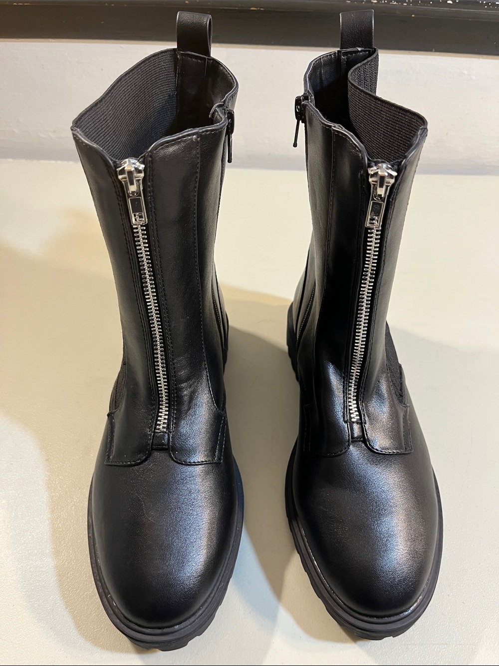 Black Front-Zip Leather Mid-Calf Boots